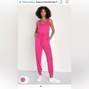 Lulus Easy as Can Be Hot Pink Sleeveless Drawstring Lounge Jumpsuit - NWT Small